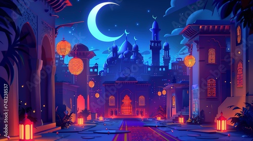 Ramadan Kareem. Eid Mubarak. Vector Muslim Islamic illustration of night city with mosque, crescent and lanterns, traditional carpet pattern, Arabic gate and Muslim for greeting card, poster