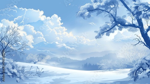 Serene Winter Landscape with Snow-covered Trees and Distant Mountains Digital Illustration