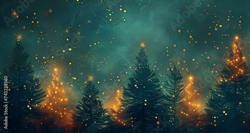 Enchanted Forest with Sparkling Christmas Trees and Festive Lights Background