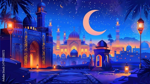 Ramadan Kareem. Eid Mubarak. Vector Muslim Islamic illustration of night city with mosque, crescent and lanterns, traditional carpet pattern, Arabic gate and Muslim for greeting card, poster