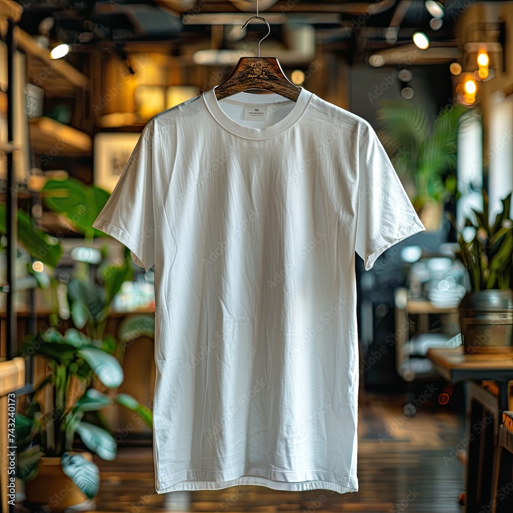 A clean, white t-shirt , displayed on a hanger in a modern clothing store interior A clean, white t-shirt , displayed on a hanger in a modern clothing store interior