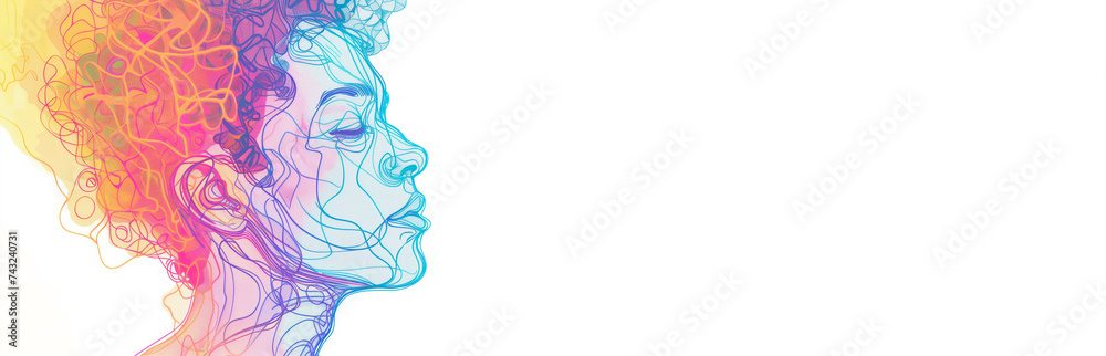 Vibrant Profile Silhouette drawn with lines, Celebrating Womens Day in Spring. Banner, copy space. Illustration for March 8, spring mood.