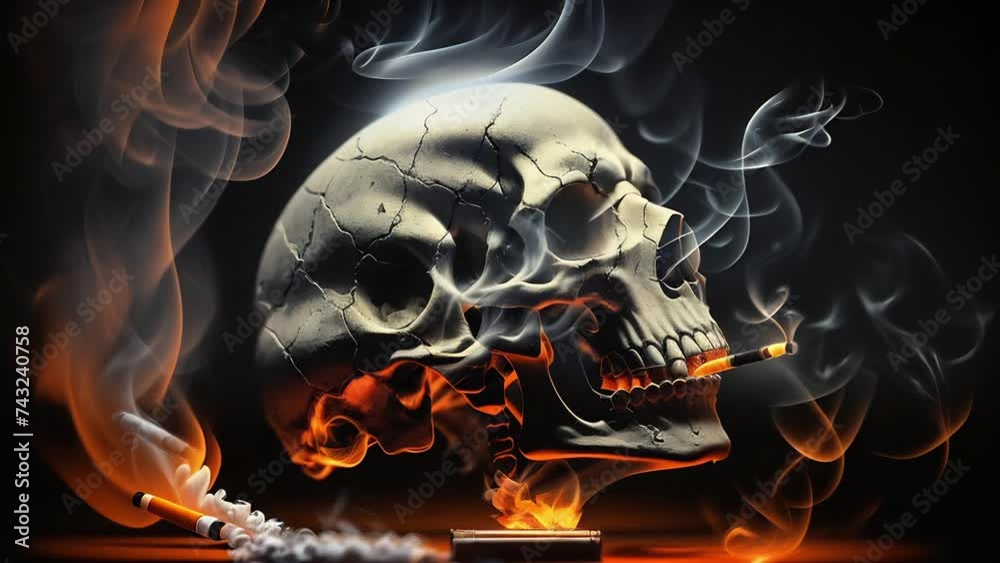 An image of a skull with a burning cigarette, engulfed in flames and smoke on a dark background, symbolizing the dangers of smoking. Concept: Health warning, world no tobacco day