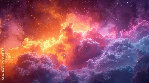 a detailed 3d render of a vivid pigment explosion on colorful background, infinite fractal disappearing into infinity into a bright yellow and purple and orange horizon, Heavy Theme in the style of Sa