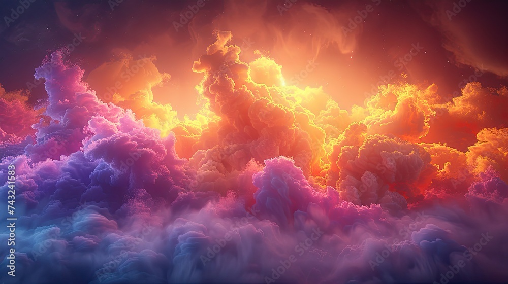 a detailed 3d render of a vivid pigment explosion on colorful background, infinite fractal disappearing into infinity into a bright yellow and purple and orange horizon, Heavy Theme in the style of Sa