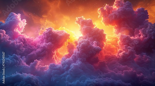 a detailed 3d render of a vivid pigment explosion on colorful background, infinite fractal disappearing into infinity into a bright yellow and purple and orange horizon, Heavy Theme in the style of Sa
