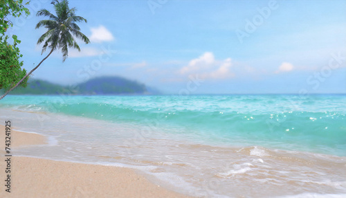 Tropical beach with sand and turquoise seascape background. 