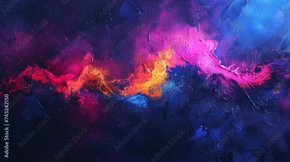 Abstract artistry of swirling pink and orange hues against a deep blue background, creating a sense of vibrant motion.