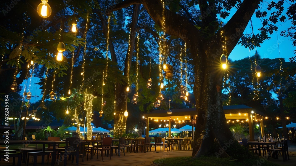 Blur image of outdoor park restaurant with light up decoration on trees at night : Generative AI