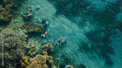 Aerial view of two persons snorkeling at Great Barrier Reef in Australia : Generative AI