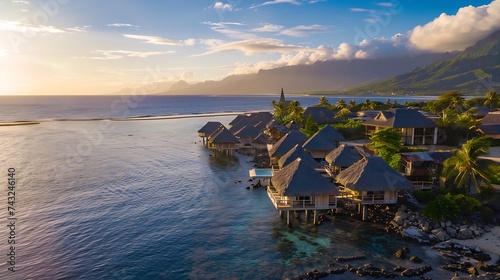 Aerial view of wooden huts from a luxury hotel along the reef in Tahiti French Polynesia : Generative AI photo