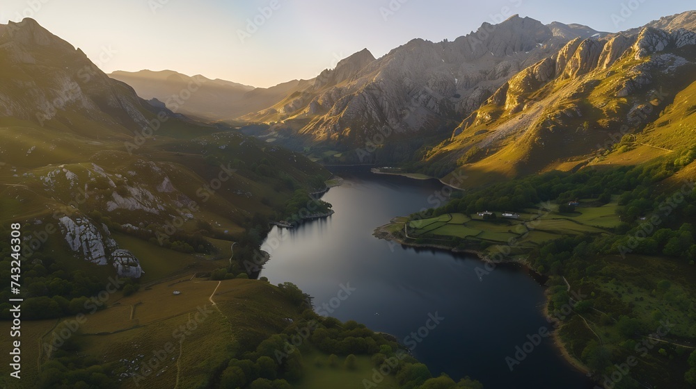 Panoramic aerial view of a mountain range landscape at sunset along Valle lake Somiedo Asturias Spain : Generative AI