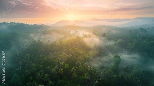 Aerial panoramic view of hazy sunset over lush primary forest in Halmahera Indonesia : Generative AI photo