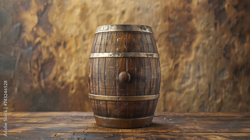Wooden barrel on a table and textured background : Generative AI Wooden barrel on a table and textured background : Generative AI