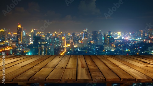 Empty top wood table and blur city night background Product display montage Concept : Generative AI