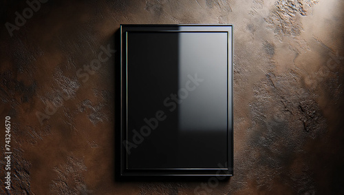 Blank black glass signplate mockup, mounted on a richly textured wall. photo