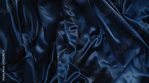 Beautiful dark blue silk satin background Soft folds on shiny fabric Luxury background with copy space for text design Wide banner Flat lay table top view Birthday Christmas Valentine : Generative AI