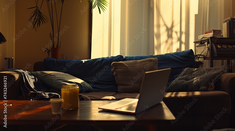 Fototapeta premium Sunlight illuminates living room workplace home office interior for comfort productive work brown and blue colours On wooden table laptop comfy couch with cushions on background workda : Generative AI