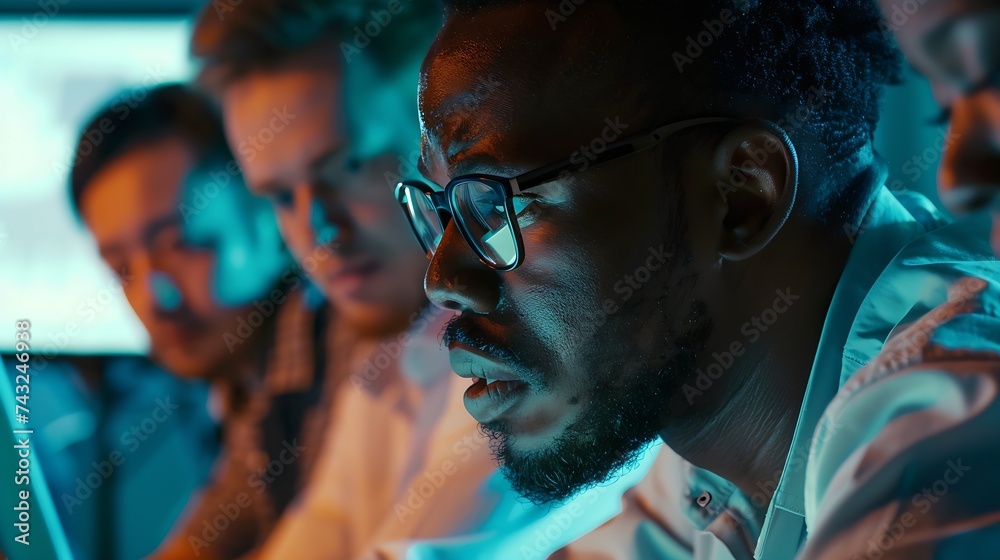 Fototapeta premium Concentrated young african american employee analyzing marketing research results or sales statistics data at briefing meeting with motivated older korean and young caucasian colleague : Generative AI