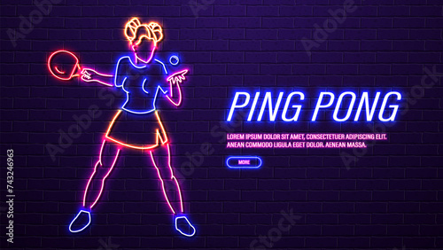 Neon bright shiny girl ping pong player on a brick wall background. A concept for sports betting.