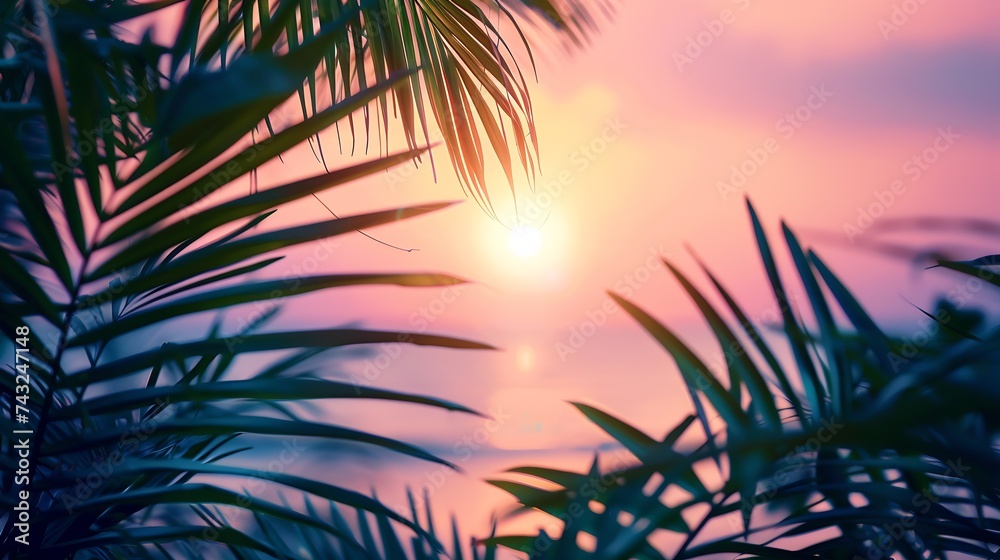 View through green tropical palm leaves on sun setting on sunset which turns sea water and sky pink colors Beautiful summer natural tropical landscape Defocused blurred background : Generative AI