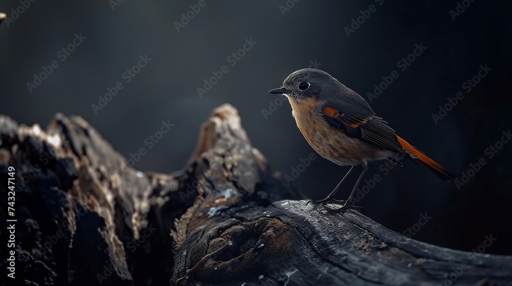 Beautiful bird Redstart bird Daurian Redstart Phoenicurus auroreus standing on a log : Generative AI