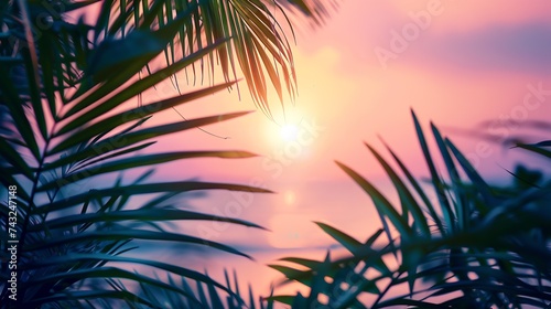 View through green tropical palm leaves on sun setting on sunset which turns sea water and sky pink colors Beautiful summer natural tropical landscape Defocused blurred background   Generative AI