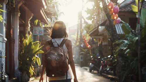Woman with backpack exploring Bali Indonesia : Generative AI © Generative AI