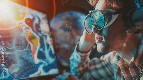 Wallpaper Mural Businessman working on line or searching travel destinations with goggles needing vacations at office : Generative AI Torontodigital.ca