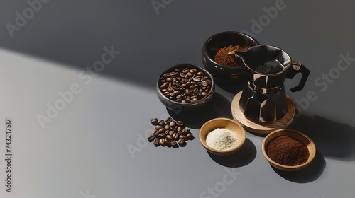 Ingredients for making moka coffee Moka pot with coffee beans and ingredients on grey background Coffee making concept Flat Lay : Generative AI