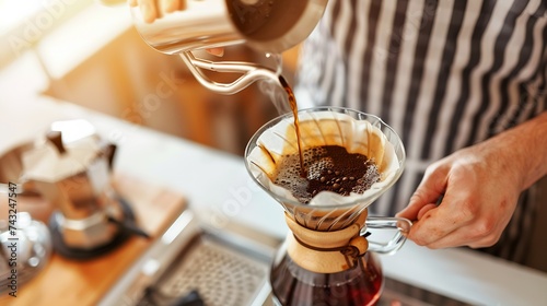 Professional barista making filtered drip coffee in coffee shop Close up of hands barista grinding coffee beans with hand grinder pour over coffee with hot water and filter paper in ca : Generative AI