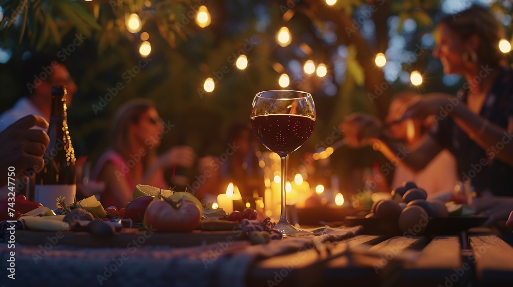 Naklejka premium Happy family having barbeque dinner party in home garden Friends eating appetizers and drinking red wine in outdoor restaurant table Winery dining lifestyle and beverage concept : Generative AI