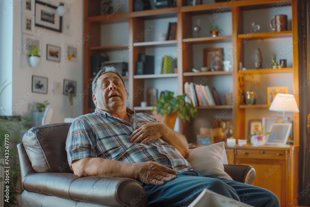Obraz premium Chubby man sitting on a couch in a living room setting.