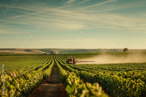 A tractor is driving through a field of crops on a sunny day, with a crop sprayer spraying fertilizer.