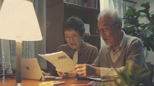 Excited elder family pensioner couple read and check financial document calculate profit saving income from investment OAP Senior man and 50s woman do monthly paperwork make utility pa : Generative AI photo