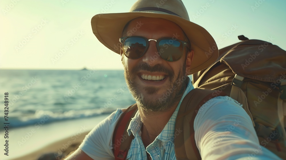 Handsome man wearing hat and sunglasses taking selfie picture on summer vacation day Happy hiker with backpack smiling at camera outside Tourist walking on the beach Traveling and tech : Generative AI