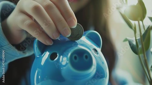 Close up young female putting coin in piggy bank Woman saving money for household payments utility bills calculating monthly family budgets making investments or strategy for personal  : Generative AI