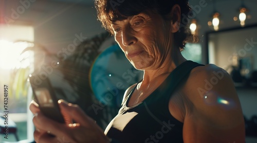 Beautiful brunette older woman training gym at home holding smartphone Senior female workout with fitness app on the phone Concept about people sport quarantine : Generative AI
