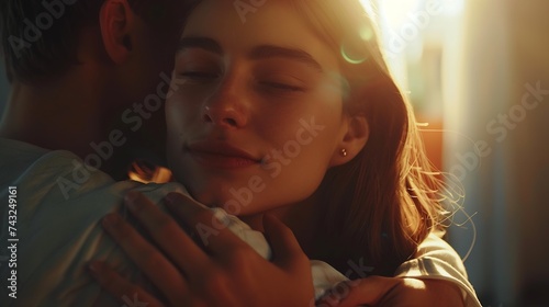 Attractive girl hugging her boyfriend and looking at the camera Concept about love people and lifestyle : Generative AI