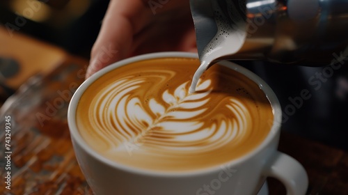 Hand on Barista making latte cafe Cup of coffee with beautiful Latte art on white cup : Generative AI