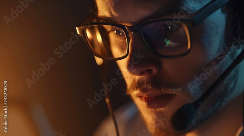 Focused young businessman in eyeglasses wearing wireless headset with microphone involved in online video call negotiations meeting with partners colleagues or studying distantly writi : Generative AI photo