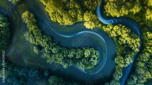 Abstract aerial top view of winding river Aa in forest Starkriet SomerenEind NoordBrabant Netherlands : Generative AI photo