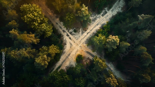 Aerial view of sandy pathways crossroad in the middle of the forest in Uzusaliai Kaunas Lithuania   Generative AI