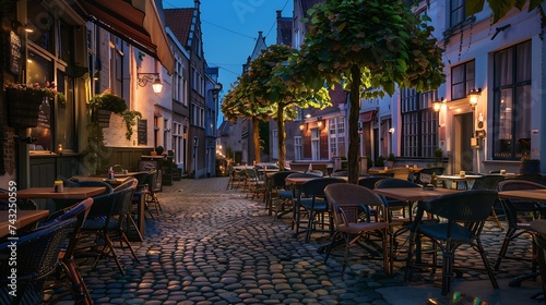Cozy restaurant on streets of the old town at night Paving stones of night Brugge : Generative AI