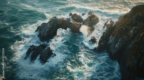 Aerial view of Enys Dodnan Arch with rough seas during a winters storm Lands End Cornwall United Kingdom : Generative AI photo