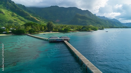 Aerial view of a small pier along the coast in Hauru beach Moorea French Polynesia : Generative AI photo