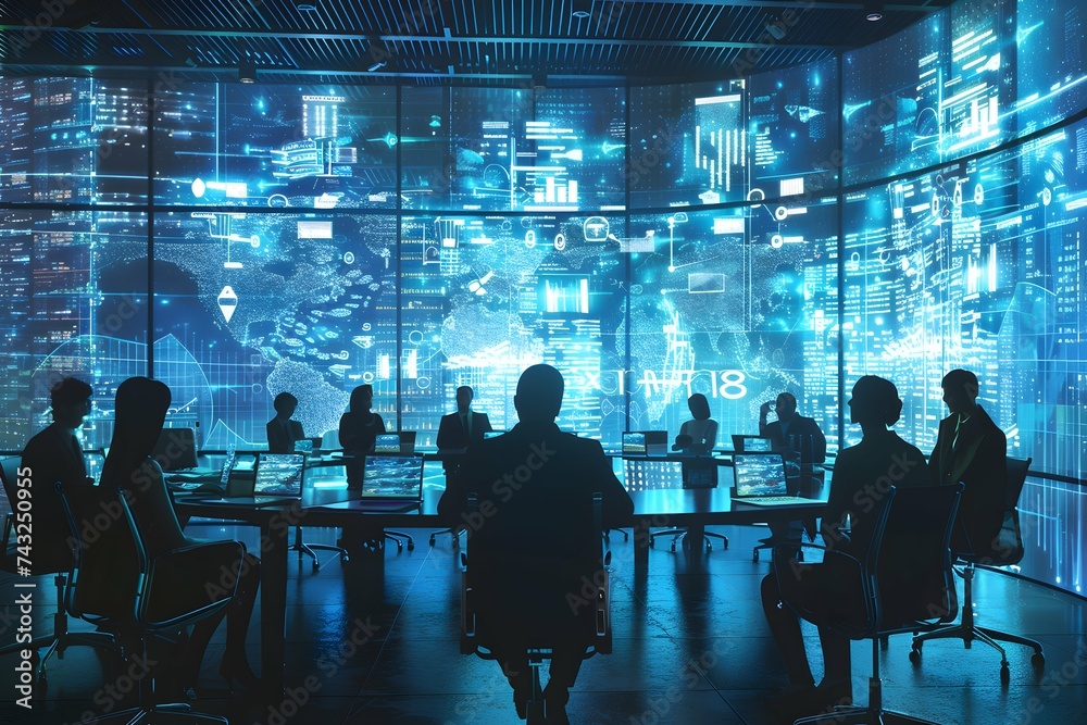 group of people in a meeting room holographic data display behind them