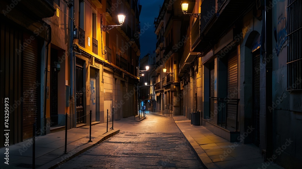Night view of old street in Madrid Spain : Generative AI