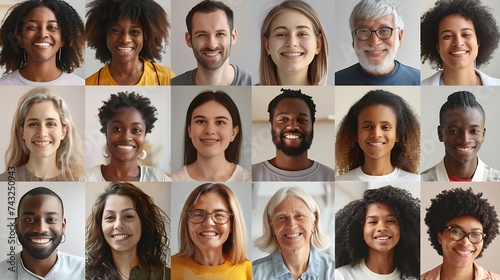 Many happy diverse ethnicity different young and old people group headshots in collage mosaic collection Lot of smiling multicultural faces looking at camera Human resource society dat : Generative AI photo