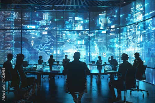 group of people in a meeting room holographic data display behind them